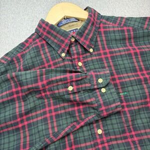 Vintage Tommy‎ Hilfiger Button Up Shirt Mens XL Green Red Plaid Flannel Cotton